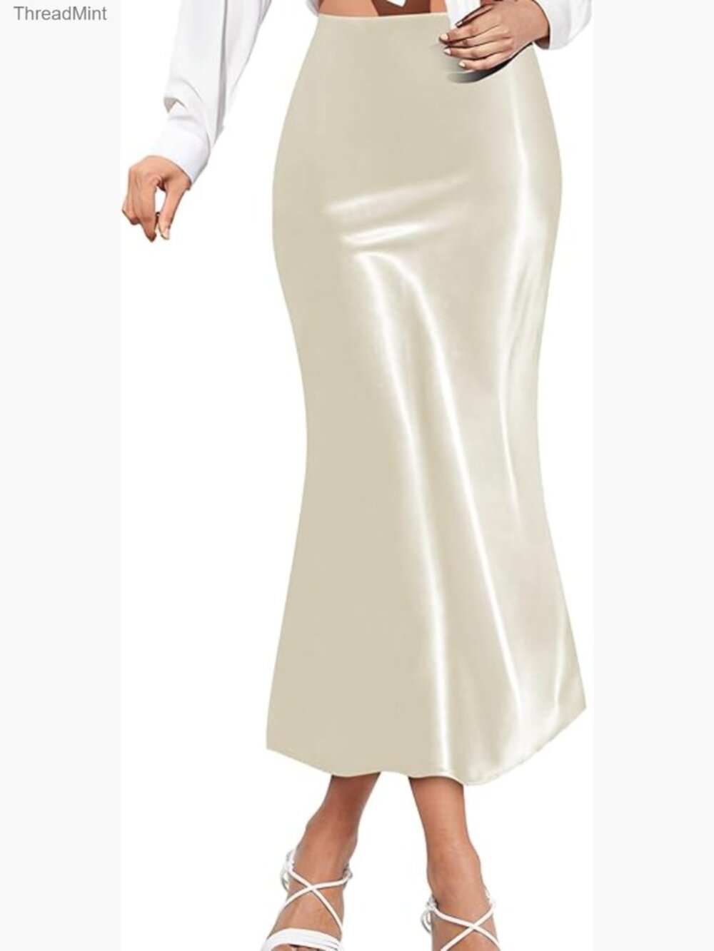 High Waisted Midi Satin Skirt with Zipper, Elegant Women's Silk Elastic Skirt